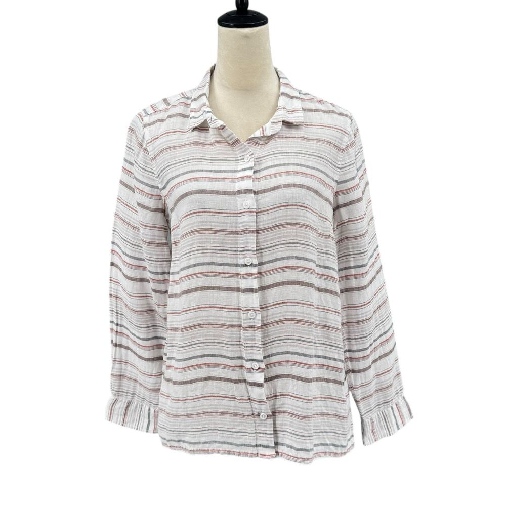Garnet Hill White Linen Brown Stripe Long Sleeve Button Down Collared Shirt